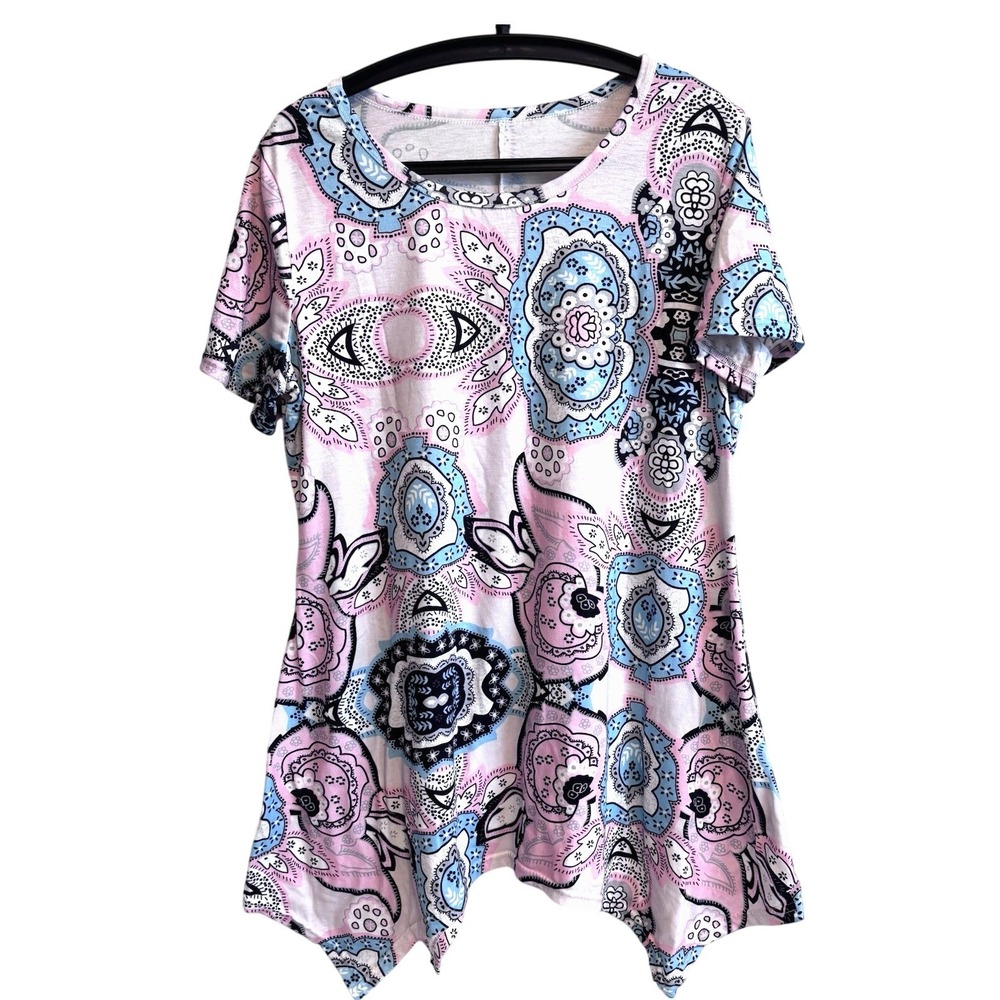 Womens Short Sleeve Geometric Pattern Tunic Top L Feminine Casual Boho Festival